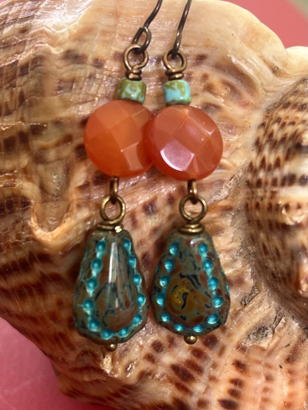 Carnelian Gemstone & Czech Glass Dangle Earrings | Boho Artisan Earrings